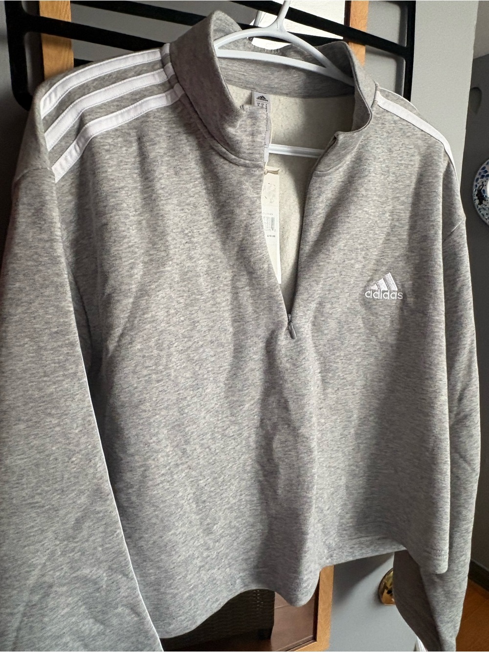 adidas women’s Light Gray Quarter-Zip Pullover crop with White Stripes